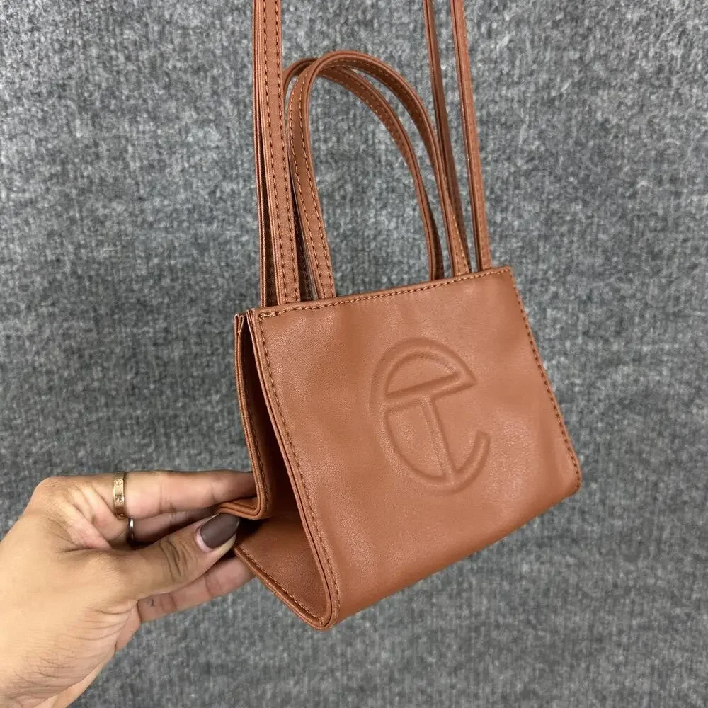 Telfar Small Shopping Bag in Tan Vegan Leather Crossbody Faux Leather Logo Purse
